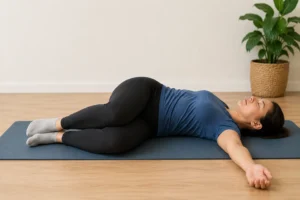 Woman performing a supine lower back rotational stretch, one of the key physiotherapy exercises for lower back pain relief.