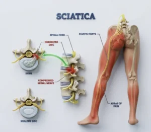 An anatomical medical diagram of the leg. It illustrates a cross-section comparing a healthy spinal disc to a herniated disc that is pinching a compressed spinal nerve. On the right, a rear-view 3D model of human legs highlights the path of the sciatic nerve and the radiating areas of pain running down the lower back, buttock, and leg.