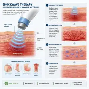 Diagram explaining how tissue recovery works to deliver the key benefits of shockwave therapy.